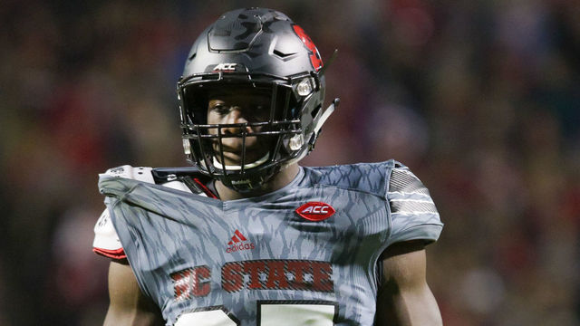 RALEIGH, NC - NOVEMBER 05: NC State defensive end Kentavius Street (35) waits for the Florida State offense to line up during the second half between the Florida State Seminoles and the NC State Wolfpack on November 5, 2016, at Carter-Finley Stadium in Raleigh, NC. The Seminoles defeated the Wolfpack 24-20.