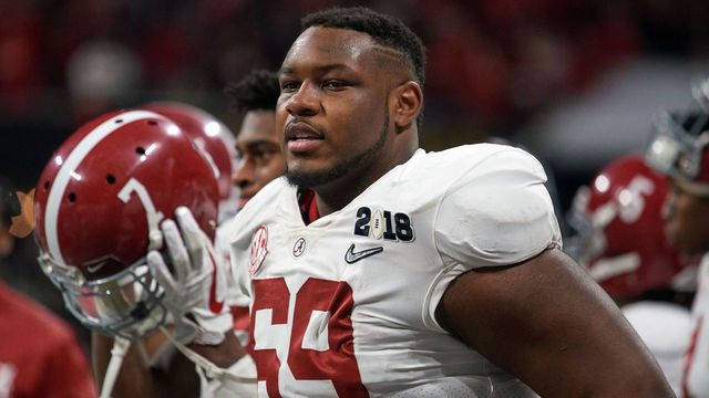 ATLANTA, GA - JANUARY 08: Alabama Crimson Tide defensive lineman Joshua Frazier (69) looks on during the College Football Playoff National Championship Game between the Alabama Crimson Tide and the Georgia Bulldogs on January 8, 2018 at Mercedes-Benz Stadium in Atlanta, GA.