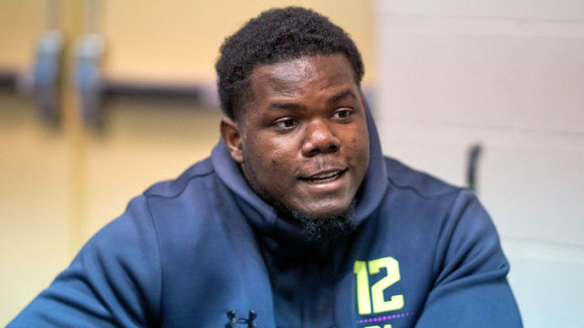 INDIANAPOLIS, IN - MARCH 03: Delaware defensive lineman Bilal Nichols answers questions from the media during the NFL Scouting Combine on March 03, 2018 at Lucas Oil Stadium in Indianapolis, IN.