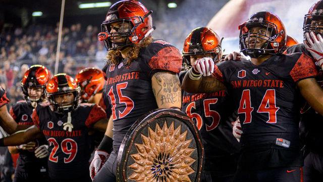 SAN DIEGO, CA - NOVEMBER 18: Nick Bawden #15 of San Diego State leads the team onto the field prior to the first half against Nevada at Qualcomm Stadium on November 18, 2017 in San Diego, California.
