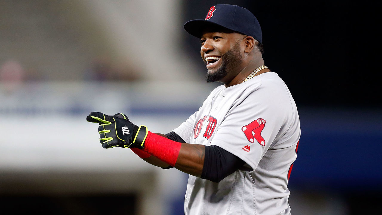 NEW YORK, NY - SEPTEMBER 28: David Ortiz #34 of the Boston Red Sox, who is playing in his last series at Yankee Stadium, has a laugh before a game against the New York Yankees on September 28, 2016 in the Bronx borough of New York City.