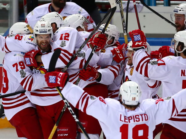 MOSCOW, RUSSIA - MARCH 22, 2018: Jokerit Helsinki's players celebrate their victory in the 2017/18 KHL Western Conference semifinal playoff ice hockey match against CSKA Moscow at CSKA Ice Palace. Jokerit Helsinki won the game 2-1 in overtime. Stanislav Krasilnikov/TASS