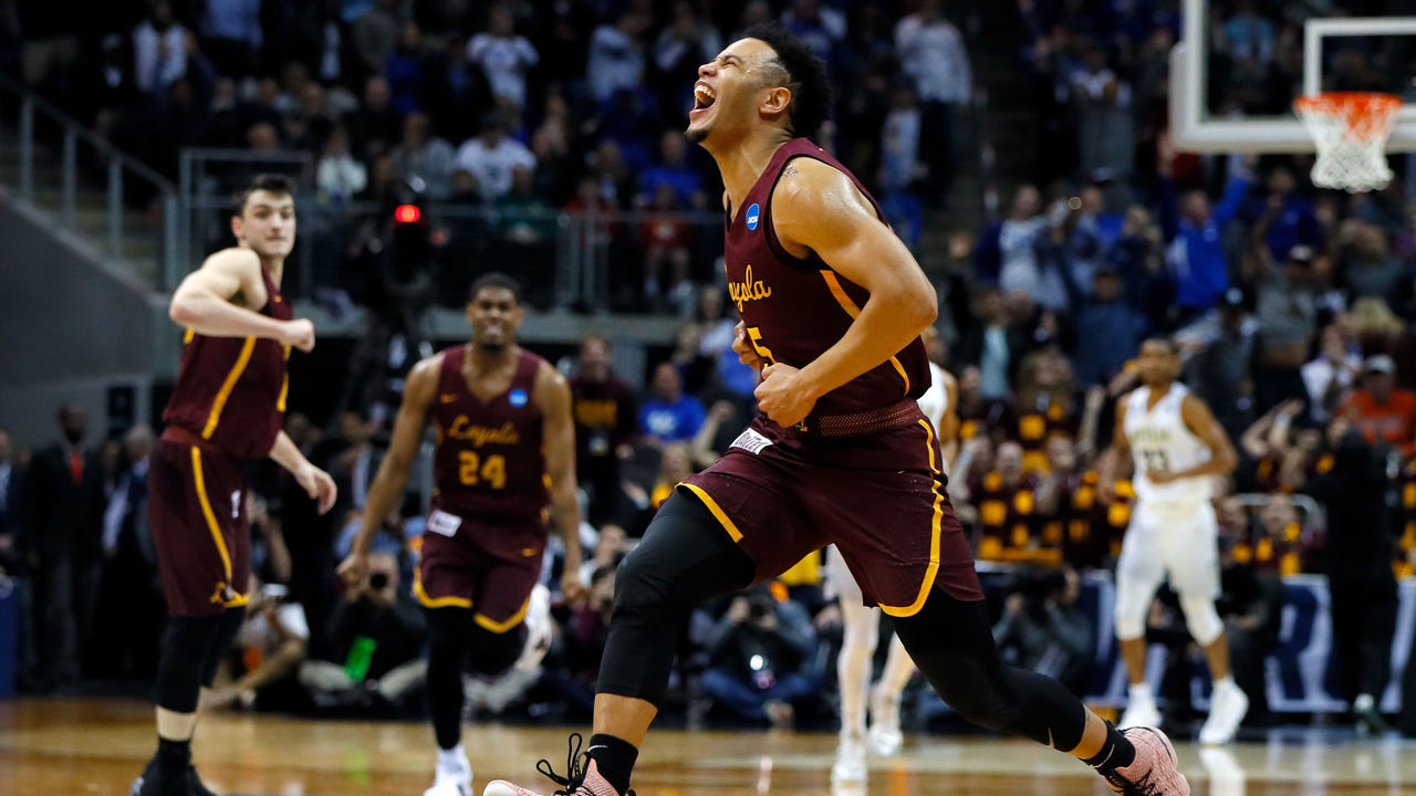 ATLANTA, GA - MARCH 22: Marques Townes #5 of the Loyola Ramblers celebrates his teams 69-68 win over the Nevada Wolf Pack during the 2018 NCAA Men's Basketball Tournament South Regional at Philips Arena on March 22, 2018 in Atlanta, Georgia. The Loyola Ramblers defeated the Nevada Wolf Pack 69-68.