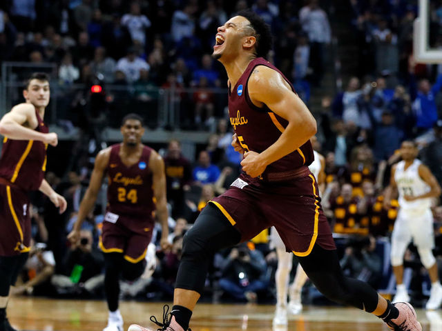 ATLANTA, GA - MARCH 22: Marques Townes #5 of the Loyola Ramblers celebrates his teams 69-68 win over the Nevada Wolf Pack during the 2018 NCAA Men's Basketball Tournament South Regional at Philips Arena on March 22, 2018 in Atlanta, Georgia. The Loyola Ramblers defeated the Nevada Wolf Pack 69-68.