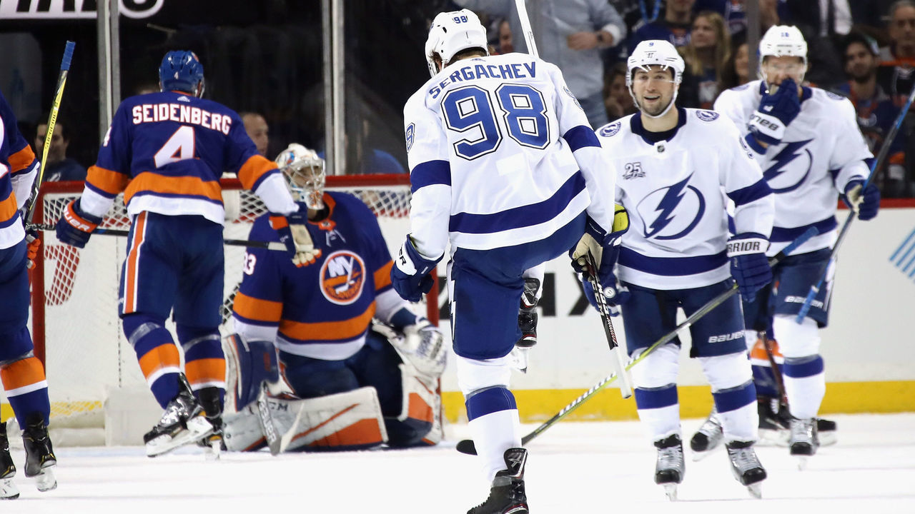 NEW YORK, NY - MARCH 22: Mikhail Sergachev #98 of the Tampa Bay Lightning celebrates his powerplay goal at 11:22 of the second period against the New York Islanders at the Barclays Center on March 22, 2018 in the Brooklyn borough of New York City.