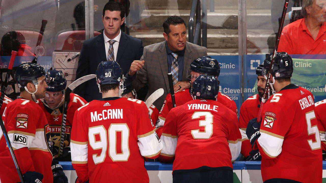 SUNRISE, FL - FEBRUARY 27: Florida Panthers Head coach Bob Boughner of the Florida Panthers directs the players during a time out in the overtime period against the Toronto Maple Leafs at the BB&T Center on February 27, 2018 in Sunrise, Florida. The Panthers defeated the Maple Leafs 3-2 in overtime.