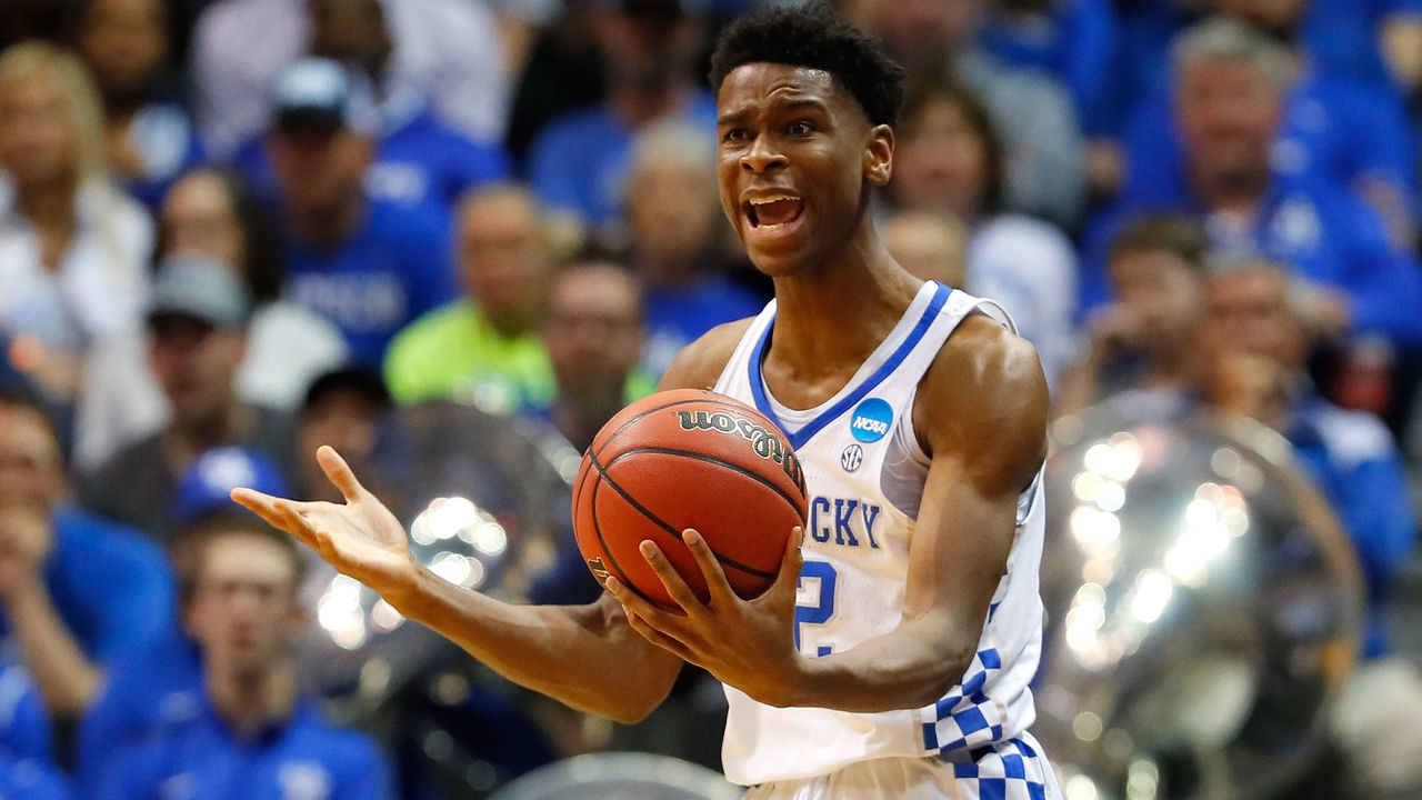 ATLANTA, GA - MARCH 22: Shai Gilgeous-Alexander #22 of the Kentucky Wildcats reacts to a call in the second half against the Kansas State Wildcats during the 2018 NCAA Men's Basketball Tournament South Regional at Philips Arena on March 22, 2018 in Atlanta, Georgia.