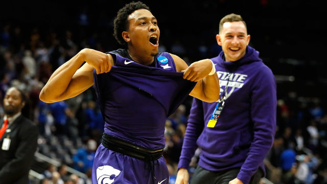 ATLANTA, GA - MARCH 22: Kamau Stokes #3 of the Kansas State Wildcats celebrates after defeating the Kentucky Wildcats during the 2018 NCAA Men's Basketball Tournament South Regional at Philips Arena on March 22, 2018 in Atlanta, Georgia.