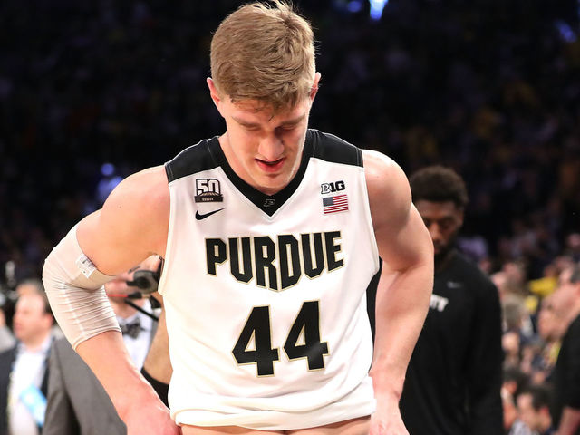 NEW YORK, NY - MARCH 04: Isaac Haas #44 of the Purdue Boilermakers exits the court following their 75-66 loss to the Michigan Wolverines during the championship game of the Big 10 Basketball Tournament at Madison Square Garden on March 4, 2018 in New York City.