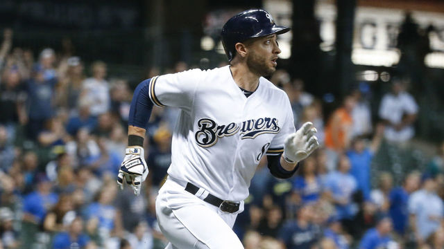 MILWAUKEE, WI - SEPTEMBER 16: Ryan Braun #8 of the Milwaukee Brewers runs the bases with an RBI double during the ninth inning against the Miami Marlins at Miller Park on September 16, 2017 in Milwaukee, Wisconsin. The Marlins defeated the Brewers 7-4.