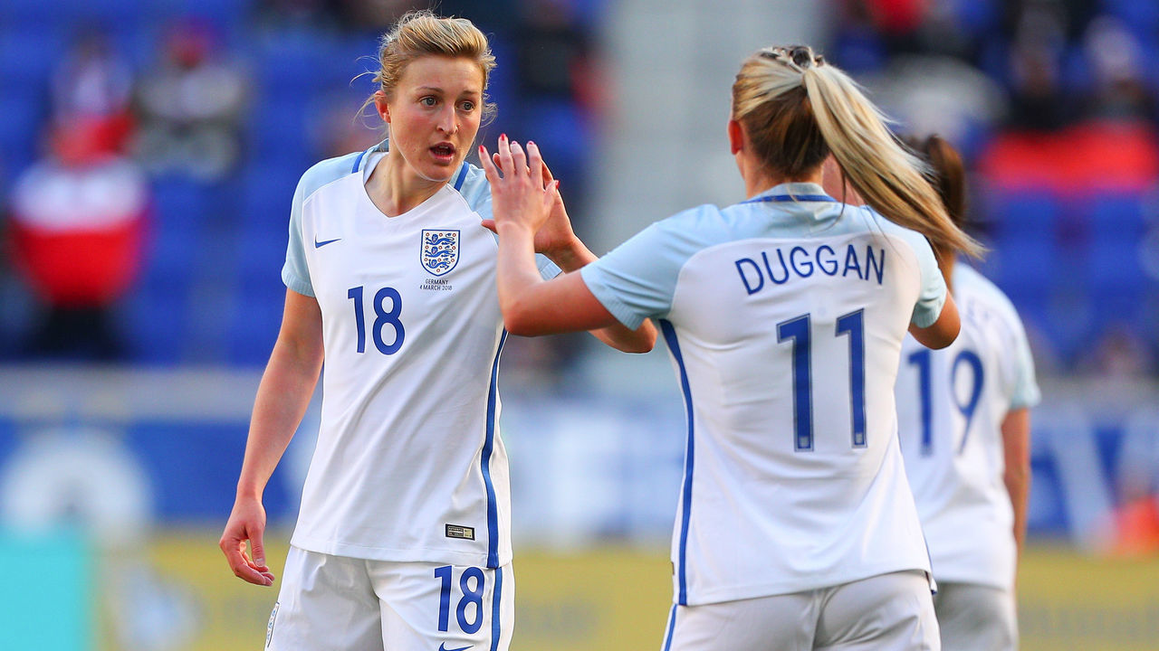 HARRISON, NJ - MARCH 04: England forward Ellen White (18) celebrates after scoring a goal during the first half of the SheBelieves Cup Womens Soccer game between Germany and England on March 4, 2018, at Red Bull Arena in Harrison, NJ.