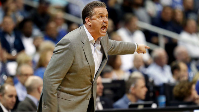 ATLANTA, GA - MARCH 22: Head coach John Calipari of the Kentucky Wildcats reacts against the Kansas State Wildcats in the second half during the 2018 NCAA Men's Basketball Tournament South Regional at Philips Arena on March 22, 2018 in Atlanta, Georgia.