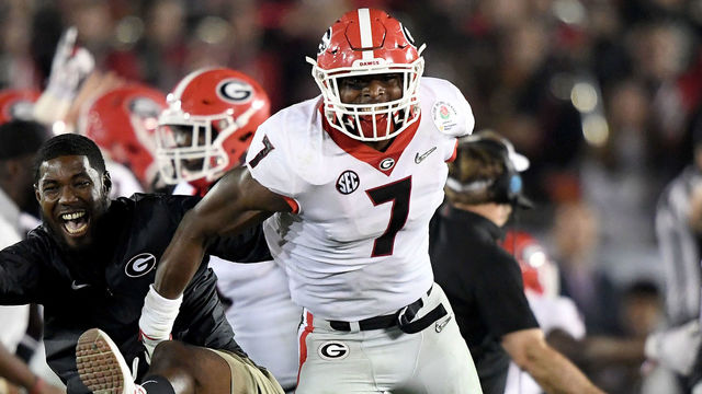PASADENA, CA - JANUARY 01: Lorenzo Carter #7 of the Georgia Bulldogs celebrates after blocking the field goal attempt from Austin Seibert #43 of the Oklahoma Sooners in the 2018 College Football Playoff Semifinal at the Rose Bowl Game presented by Northwestern Mutual at the Rose Bowl on January 1, 2018 in Pasadena, California.