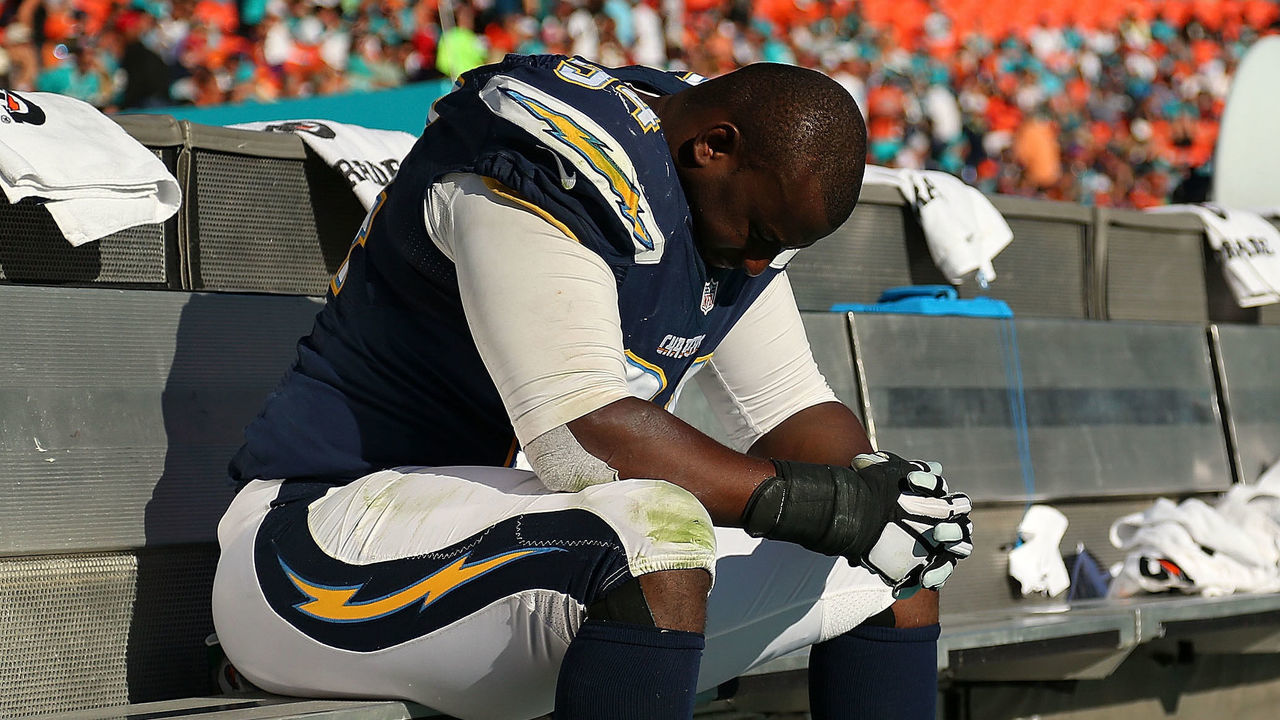 MIAMI GARDENS, FL - NOVEMBER 02: Corey Liuget #94 of the San Diego Chargers looks on during a game against the San Diego Chargers at Sun Life Stadium on November 2, 2014 in Miami Gardens, Florida.