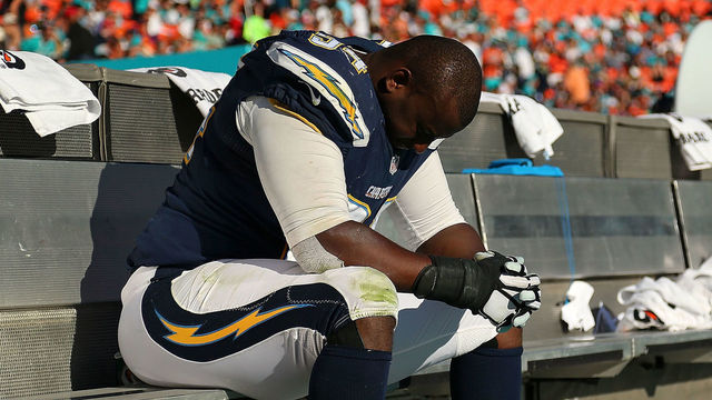 MIAMI GARDENS, FL - NOVEMBER 02: Corey Liuget #94 of the San Diego Chargers looks on during a game against the San Diego Chargers at Sun Life Stadium on November 2, 2014 in Miami Gardens, Florida.