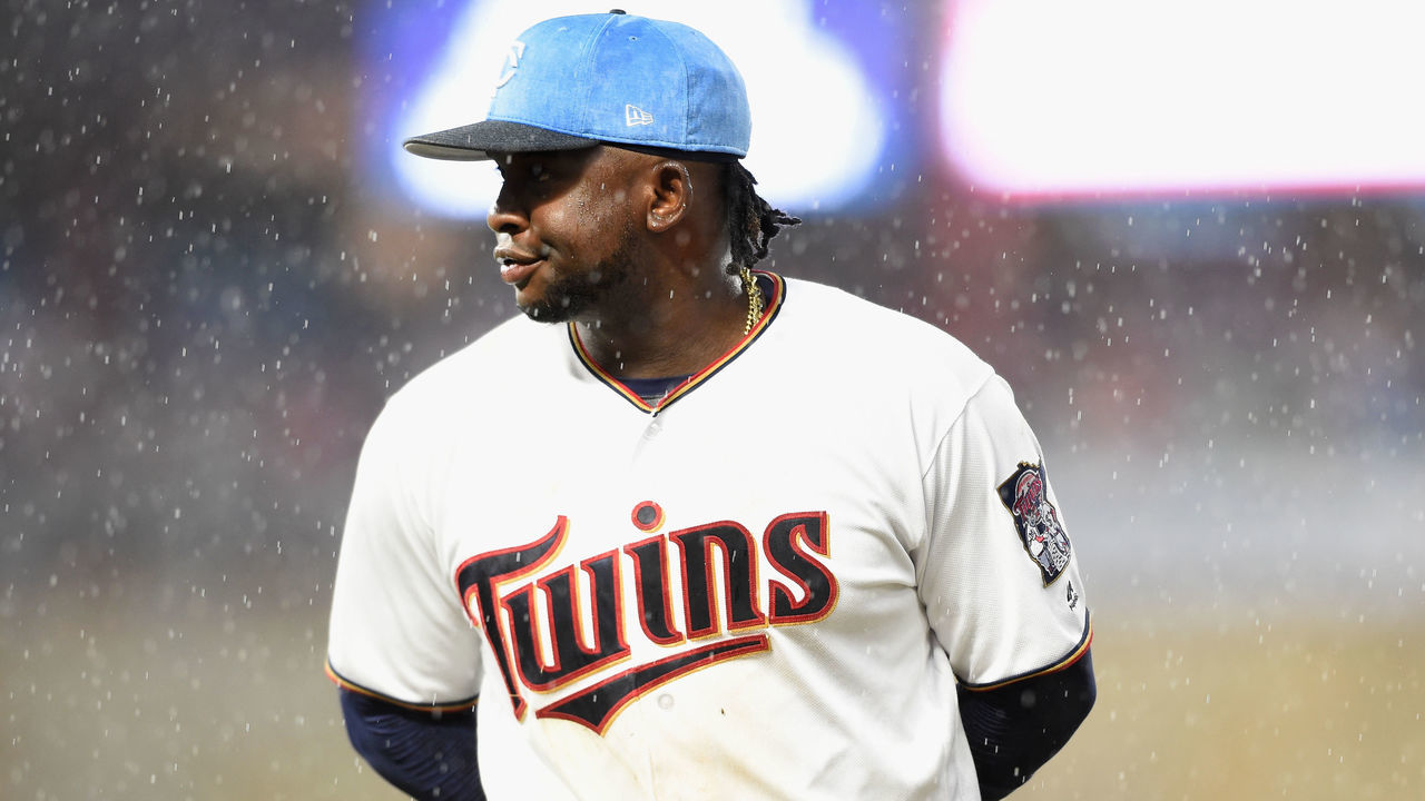 MINNEAPOLIS, MN - JUNE 17: Miguel Sano #22 of the Minnesota Twins walks off the field in game two of a doubleheader against the Cleveland Indians due to a rain delay during the fifth inning on June 17, 2017 at Target Field in Minneapolis, Minnesota.