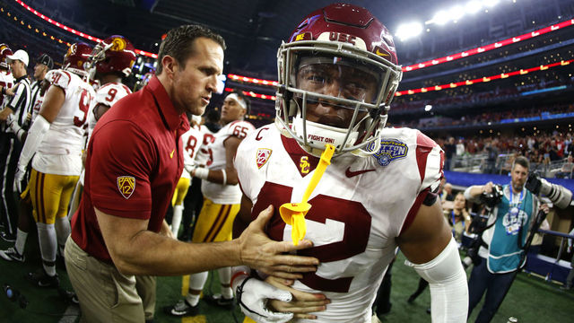ARLINGTON, TX - DECEMBER 29: Uchenna Nwosu #42 of the USC Trojans looks on after participating in a skirmish in the second half of the 82nd Goodyear Cotton Bowl Classic between USC and Ohio State at AT&T Stadium on December 29, 2017 in Arlington, Texas. Ohio State won 24-7.