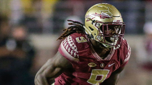 TALLAHASSEE, FL - NOVEMBER 26: Florida State Seminoles linebacker Josh Sweat (9) breaks off the line during the NCAA football game between the Florida Gators and the Florida State Seminoles on November 26, 2016, at Bobby Bowden Field at Doak Campbell Stadium in Tallahassee, Fl. Florida State won the game 31-13.