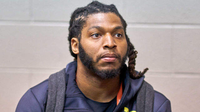 INDIANAPOLIS, IN - MARCH 03: Stanford linebacker Peter Kalambayi answers questions from the media during the NFL Scouting Combine on March 03, 2018 at Lucas Oil Stadium in Indianapolis, IN.