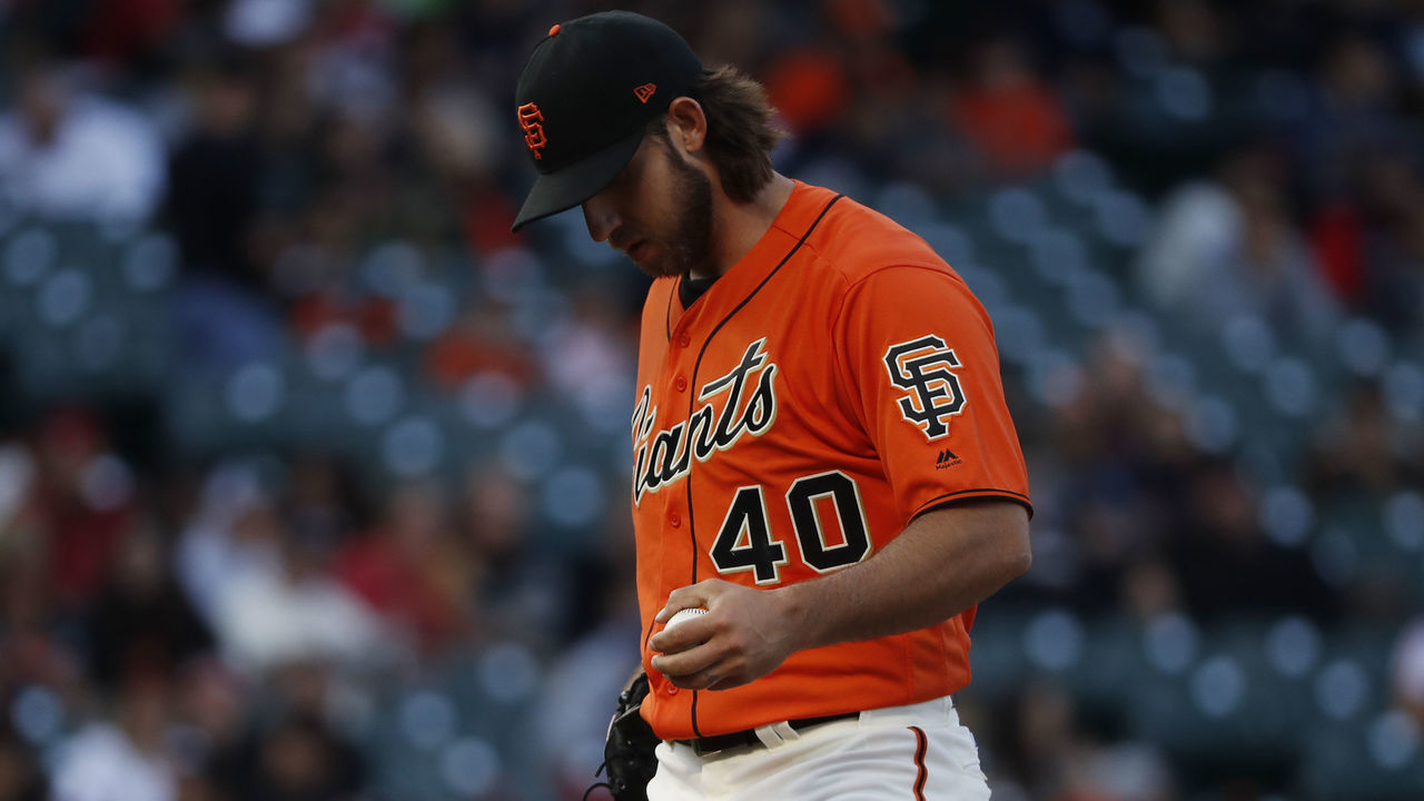 SAN FRANCISCO, CA - AUGUST 4: Madison Bumgarner #40 of the San Francisco Giants is seen during the first inning of his game against the Arizona Diamondbacks at AT&T Park on August 4, 2017 in San Francisco, California.