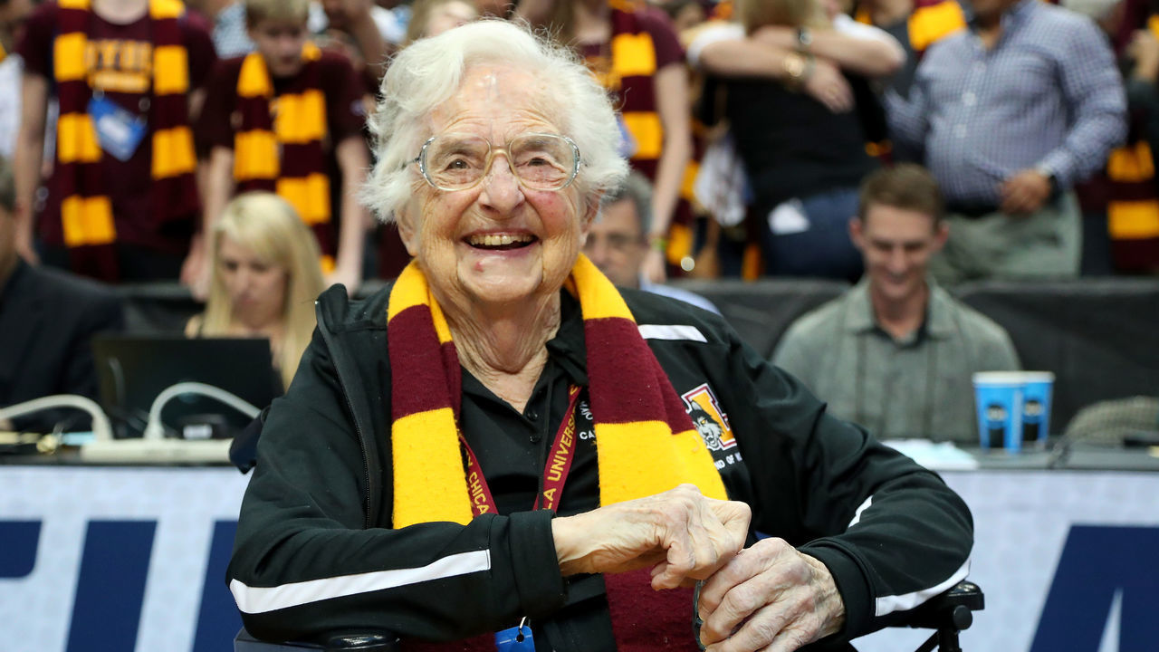 DALLAS, TX - MARCH 17: Sister Jean Dolores-Schmidt celebrates after the Loyola Ramblers beat the Tennessee Volunteers 63-62 in the second round of the 2018 NCAA Tournament at the American Airlines Center on March 17, 2018 in Dallas, Texas.
