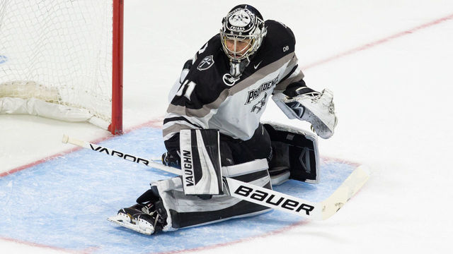 BRIDGEPORT, CT - MARCH 23: Hayden Hawkey #31 of the Providence College Friars makes a save against the Clarkson Golden Knights during the NCAA Division I Men's Ice Hockey East Regional Championship Semifinal at Webster Bank Arena on March 23, 2018 in Bridgeport, Connecticut. The Friars won 1-0.