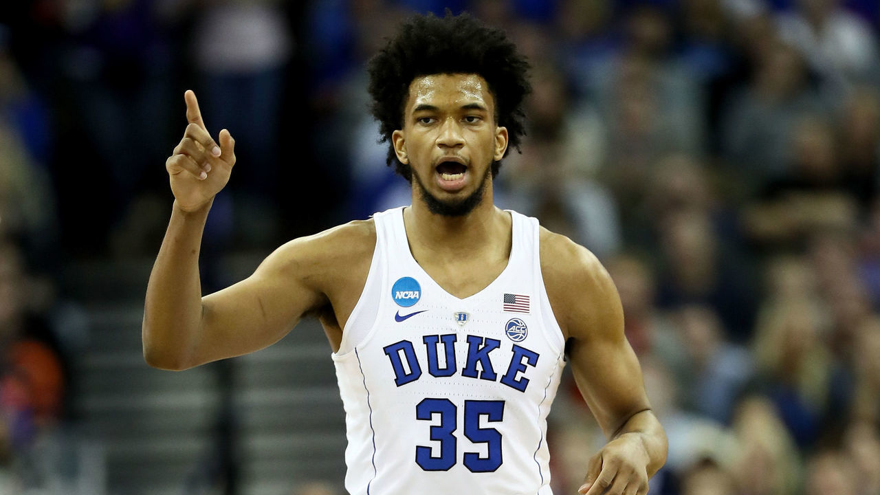 OMAHA, NE - MARCH 23: Marvin Bagley III #35 of the Duke Blue Devils reacts against the Syracuse Orange during the first half in the 2018 NCAA Men's Basketball Tournament Midwest Regional at CenturyLink Center on March 23, 2018 in Omaha, Nebraska.