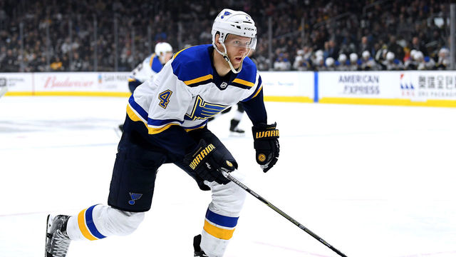 LOS ANGELES, CA - MARCH 10: Carl Gunnarsson #4 of the St. Louis Blues skates back for the puck against the Los Angeles Kings at Staples Center on March 10, 2018 in Los Angeles, California.