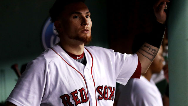 BOSTON, MA - AUGUST 16: Christian Vazquez #7 of the Boston Red Sox looks on from the dugout during the third inning against the St. Louis Cardinals at Fenway Park on August 16, 2017 in Boston, Massachusetts.