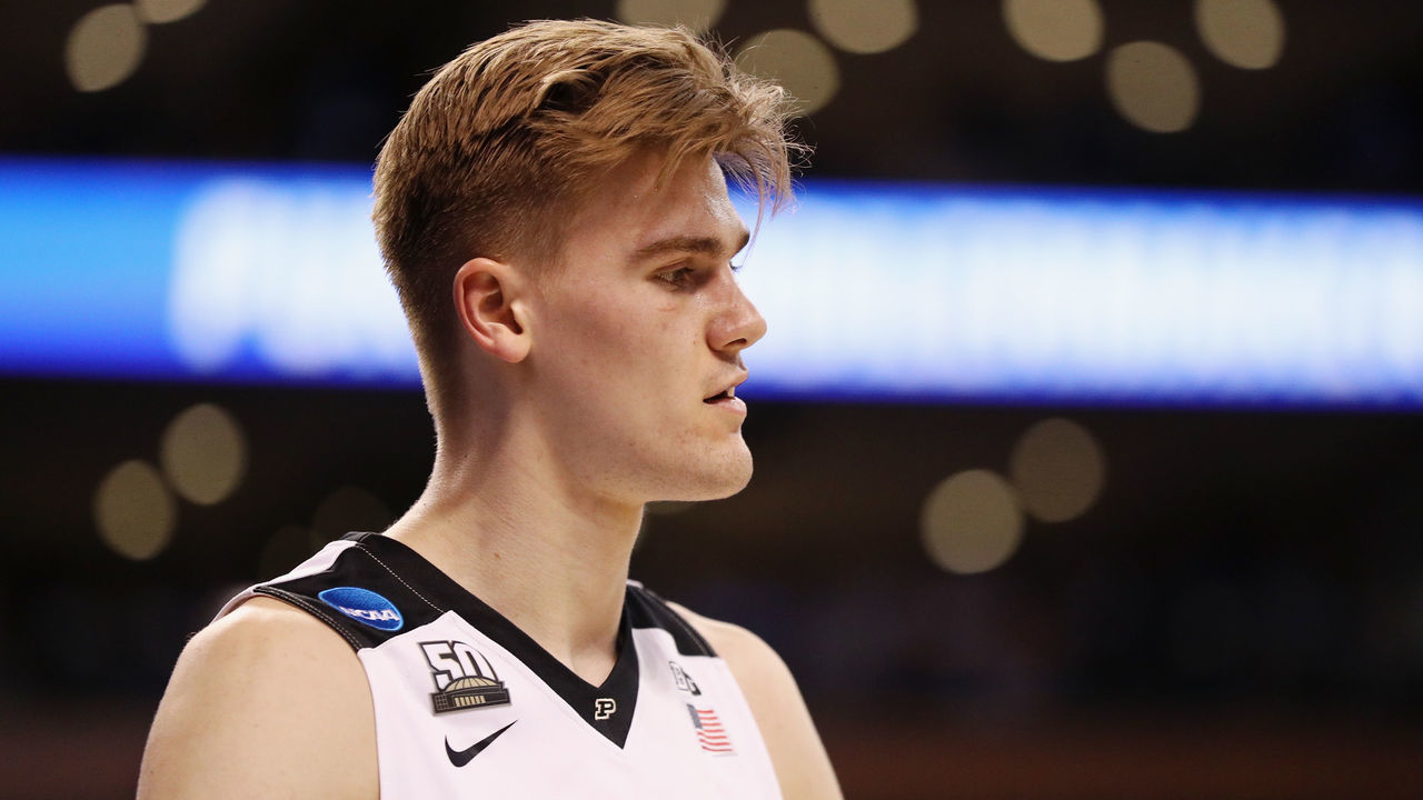 BOSTON, MA - MARCH 23: Matt Haarms #32 of the Purdue Boilermakers reacts during the second half against the Texas Tech Red Raiders in the 2018 NCAA Men's Basketball Tournament East Regional at TD Garden on March 23, 2018 in Boston, Massachusetts.