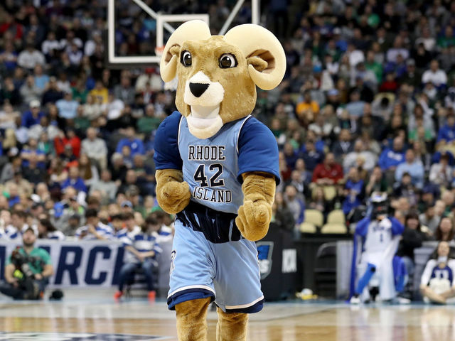 PITTSBURGH, PA - MARCH 17: The Rhode Island Rams mascot performs against the Duke Blue Devils during the first half in the second round of the 2018 NCAA Men's Basketball Tournament at PPG PAINTS Arena on March 17, 2018 in Pittsburgh, Pennsylvania.