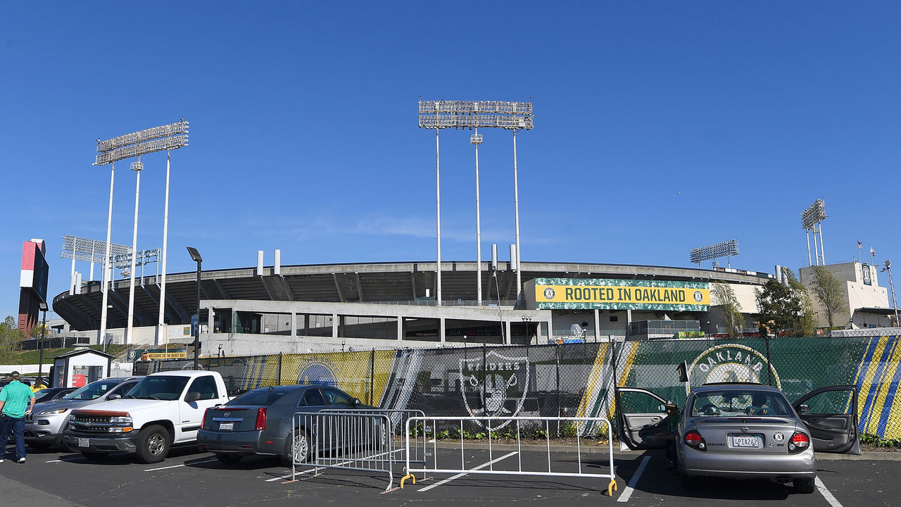 OAKLAND, CA - APRIL 03: A detailed outside view of the Oakland-Alameda County Coliseum prior to the start of the opening night Major League Baseball game between the Los Angeles Angels of Anaheim and Oakland Athletics on April 3, 2017 in Oakland, California.