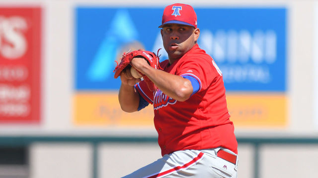 LAKELAND, FL - MARCH 16: Francisco Rodríguez #75 of the Philadelphia Phillies pitches during the Spring Training game against the Detroit Tigers at Publix Field at Joker Marchant Stadium on March 16, 2018 in Lakeland, Florida. The game ended in a 6-6 tie.