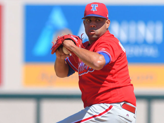 LAKELAND, FL - MARCH 16: Francisco Rodríguez #75 of the Philadelphia Phillies pitches during the Spring Training game against the Detroit Tigers at Publix Field at Joker Marchant Stadium on March 16, 2018 in Lakeland, Florida. The game ended in a 6-6 tie.