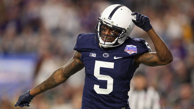 GLENDALE, AZ - DECEMBER 30: Wide receiver DaeSean Hamilton #5 of the Penn State Nittany Lions celebrates after catching a 24 yard touchdown reception against the Washington Huskies during the second half of the Playstation Fiesta Bowl at University of Phoenix Stadium on December 30, 2017 in Glendale, Arizona. The Nittany Lions defeated the Huskies 35-28.