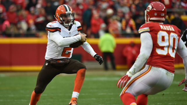 KANSAS CITY, MO - DECEMBER 27: Johnny Manziel #2 of the Cleveland Browns rushes the ball at Arrowhead Stadium during the third quarter of the game agains the Kansas City Chiefs on December 27, 2015 in Kansas City, Missouri.