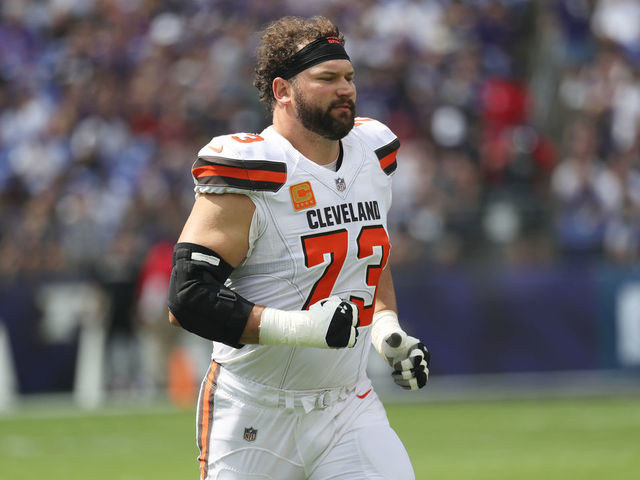 BALTIMORE, MD - SEPTEMBER 17: Offensive tackle Joe Thomas #73 of the Cleveland Browns before they take on the Baltimore Ravens at M&T Bank Stadium on September 17, 2017 in Baltimore, Maryland.