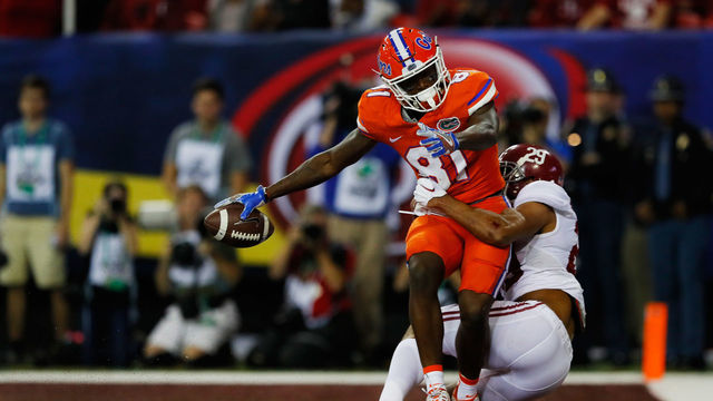 ATLANTA, GA - DECEMBER 03: Antonio Callaway #81 of the Florida Gators scores a first quarter touchdown as Minkah Fitzpatrick #29 of the Alabama Crimson Tide defends during the SEC Championship game at the Georgia Dome on December 3, 2016 in Atlanta, Georgia.