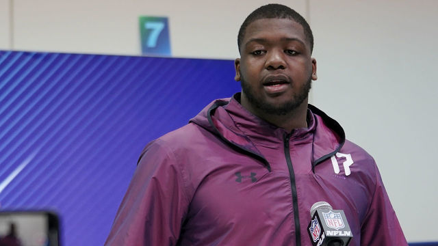 INDIANAPOLIS, IN - MARCH 01: Ohio State offensive lineman Jamarco Jones speaks to the media during NFL Combine press conferences at the Indiana Convention Center on March 1, 2018 in Indianapolis, Indiana.