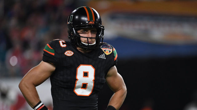 MIAMI GARDENS, FL - DECEMBER 30: Braxton Berrios #8 of the Miami Hurricanes looks on during the first half of the 2017 Capital One Orange Bowl against the Wisconsin Badgers at Hard Rock Stadium on December 30, 2017 in Miami Gardens, Florida.