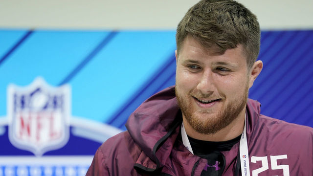 INDIANAPOLIS, IN - MARCH 01: UCLA offensive lineman Kolton Miller speaks to the media during NFL Combine press conferences at the Indiana Convention Center on March 1, 2018 in Indianapolis, Indiana.