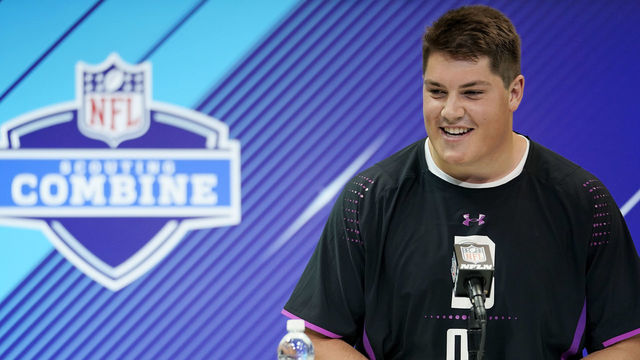 INDIANAPOLIS, IN - MARCH 01: Nevada offensive lineman Austin Corbett speaks to the media during NFL Combine press conferences at the Indiana Convention Center on March 1, 2018 in Indianapolis, Indiana.