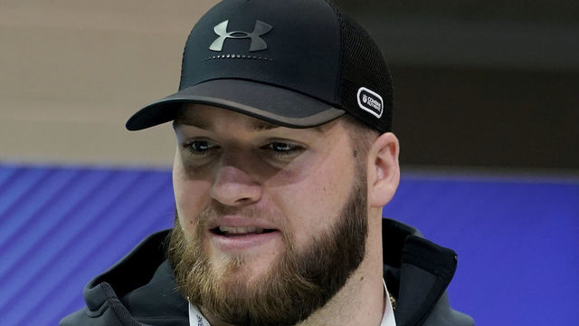 INDIANAPOLIS, IN - MARCH 01: Appalachian State offensive lineman Colby Gossett speaks to the media during NFL Combine press conferences at the Indiana Convention Center on March 1, 2018 in Indianapolis, Indiana.