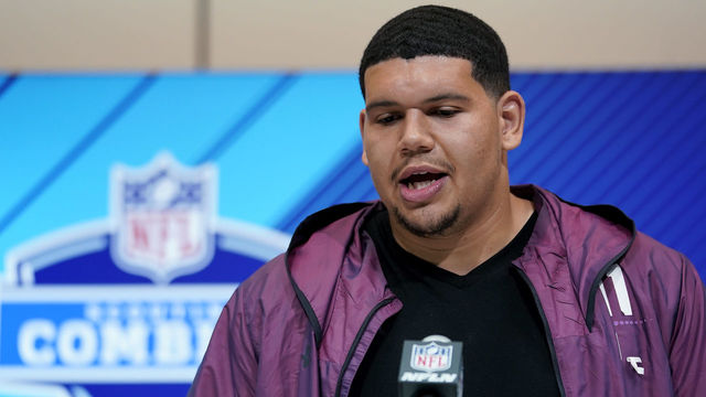 INDIANAPOLIS, IN - MARCH 01: Maine offensive lineman Jamil Demby speaks to the media during NFL Combine press conferences at the Indiana Convention Center on March 1, 2018 in Indianapolis, Indiana.