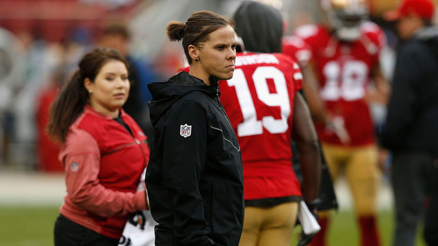 SANTA CLARA, CA - NOVEMBER 26: Seasonal Offensive Assistant Coach Katie Sowers looks on during the warm up before the game against the Seattle Seahawks at Levi's Stadium on November 26, 2017 in Santa Clara, California.