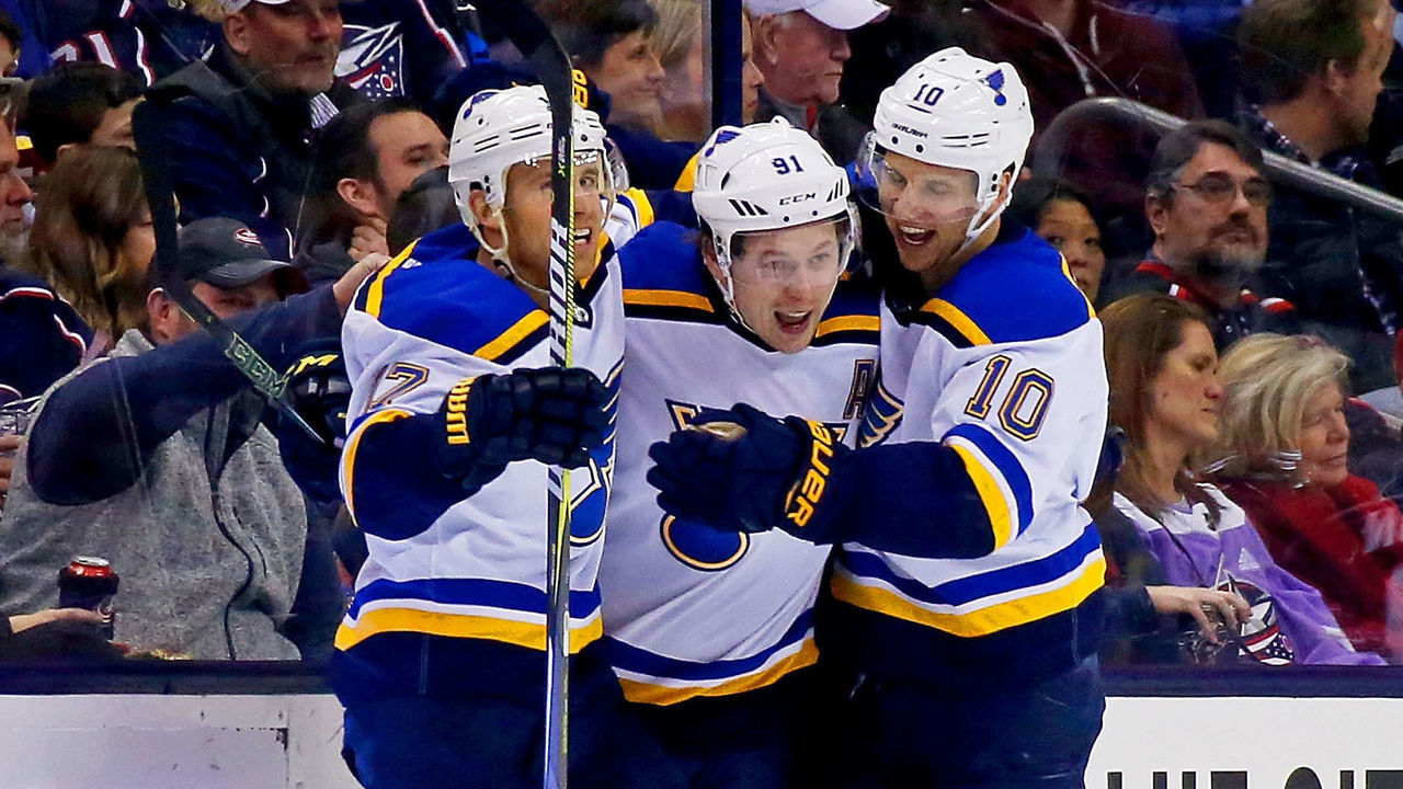 COLUMBUS, OH - MARCH 24: Vladimir Tarasenko #91 of the St. Louis Blues is congratulated by Jaden Schwartz #17 of the St. Louis Blues and Brayden Schenn #10 of the St. Louis Blues after scoring a goal during the second period fo the game against the Columbus Blue Jackets on March 24, 2018 at Nationwide Arena in Columbus, Ohio.