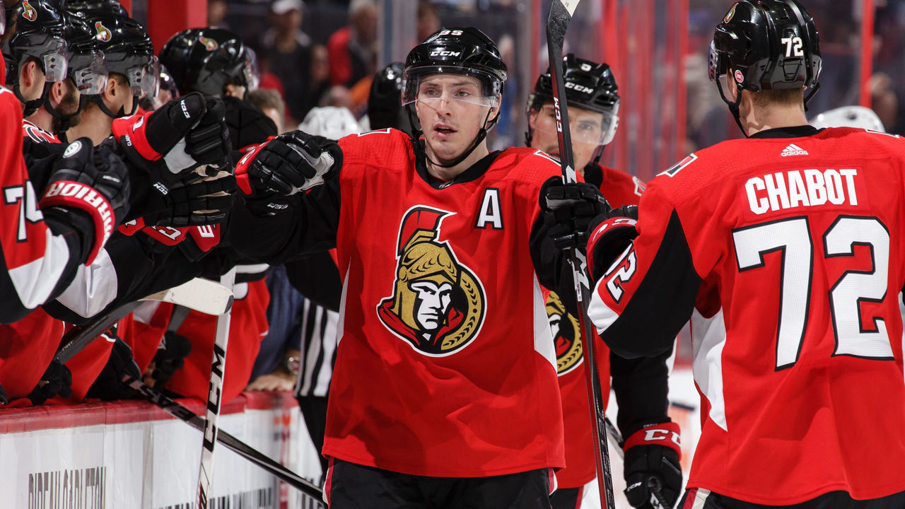 OTTAWA, ON - MARCH 22: Matt Duchene #95 of the Ottawa Senators celebrates his third period power-play goal against the Edmonton Oilers with teammate Thomas Chabot #72 at Canadian Tire Centre on March 22, 2018 in Ottawa, Ontario, Canada.