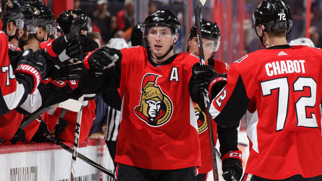 OTTAWA, ON - MARCH 22: Matt Duchene #95 of the Ottawa Senators celebrates his third period power-play goal against the Edmonton Oilers with teammate Thomas Chabot #72 at Canadian Tire Centre on March 22, 2018 in Ottawa, Ontario, Canada.