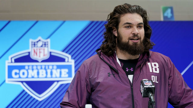 INDIANAPOLIS, IN - MARCH 01: Arizona State offensive lineman Sam Jones speaks to the media during NFL Combine press conferences at the Indiana Convention Center on March 1, 2018 in Indianapolis, Indiana.