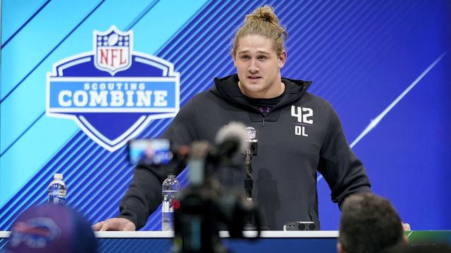 INDIANAPOLIS, IN - MARCH 01: Virginia Tech offensive lineman Wyatt Teller speaks to the media during NFL Combine press conferences at the Indiana Convention Center on March 1, 2018 in Indianapolis, Indiana.